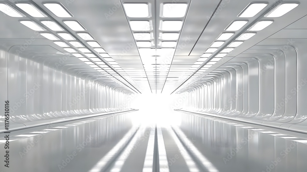Obraz premium White futuristic empty room with large ceiling lights, flat wall panels, and a glossy reflective floor, creating a bright and minimalistic sci-fi atmosphere suitable for modern and innovative concepts