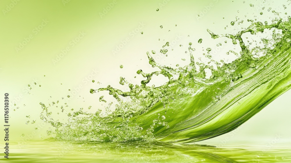 Green liquid splashes frozen mid-motion against a soft green backdrop, with artistic detail and energy.