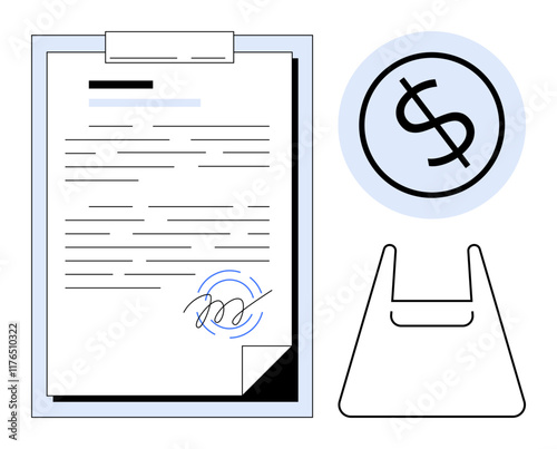 Document with text and signature on clipboard, shopping bag outline, and dollar sign in circle. Ideal for business deals, shopping, e-commerce, retail, financial transactions, contracts agreements