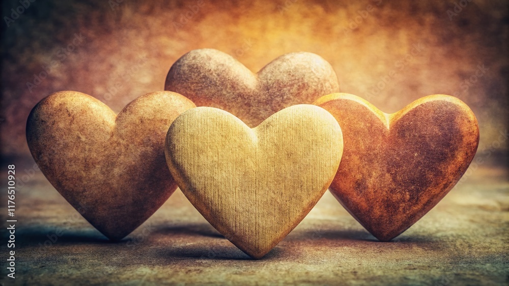 Obraz premium Vintage Tan Hearts: Three Shades of Brown Romantic Love Symbol