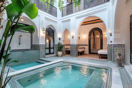 Traditional Moroccan riad with intricate tile work and a central courtyard photo