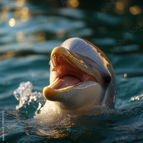 Dolphin smiling, ocean sunset, playful marine mammal, wildlife photography, stock image photo