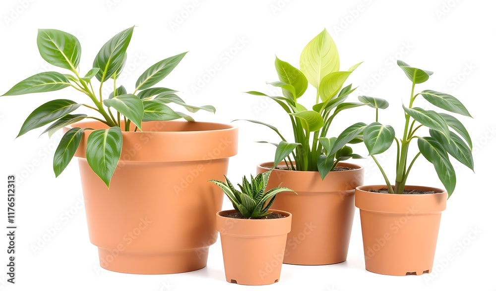 Fototapeta premium Vibrant Green Houseplants in Terracotta Pots Against a White Background. AI Generated