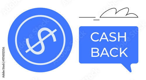 Blue circle with a white dollar sign inside, adjacent to a blue speech bubble with Cash Back text. Ideal for finance, shopping rewards, rebates, promotions, loyalty programs, customer incentives