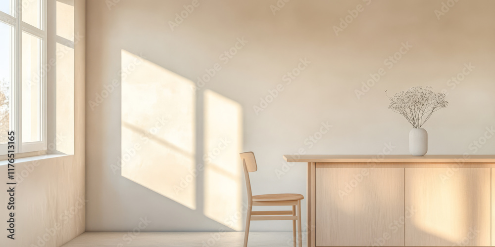 Fototapeta premium Empty room with sunlight casting shadows on a simple wooden chair and table