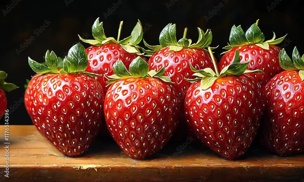 A vibrant display of fresh strawberries arranged on a wooden surface against a dark background.