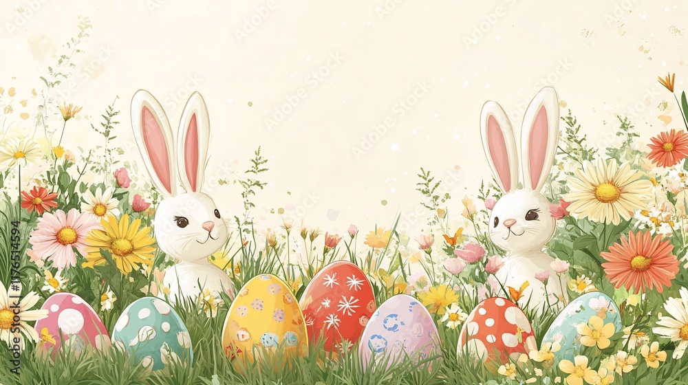 Obraz premium Easter bunnies, eggs, flowers, spring meadow, holiday card
