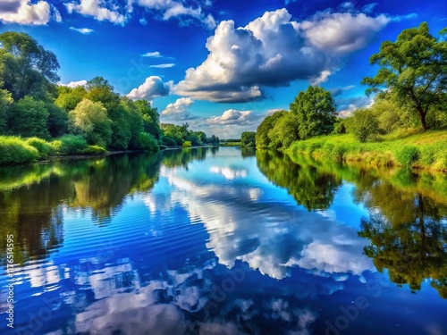 Calm River Serenity: Deep Blue Water Relaxation Nature Photography