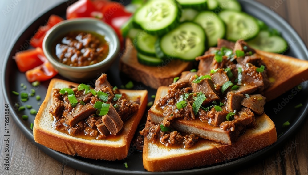 Delicious Duck Platter with Toast, Cucumber Slices, and Tangy Sauce on a Black Plate Delicious Duck Platter with Toast, Cucumber Slices, and Tangy Sauce on a Black Plate