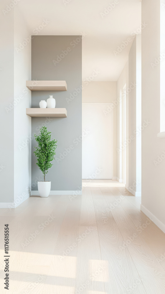Fototapeta premium Modern interior design featuring minimalist decor and natural light in a bright hallway
