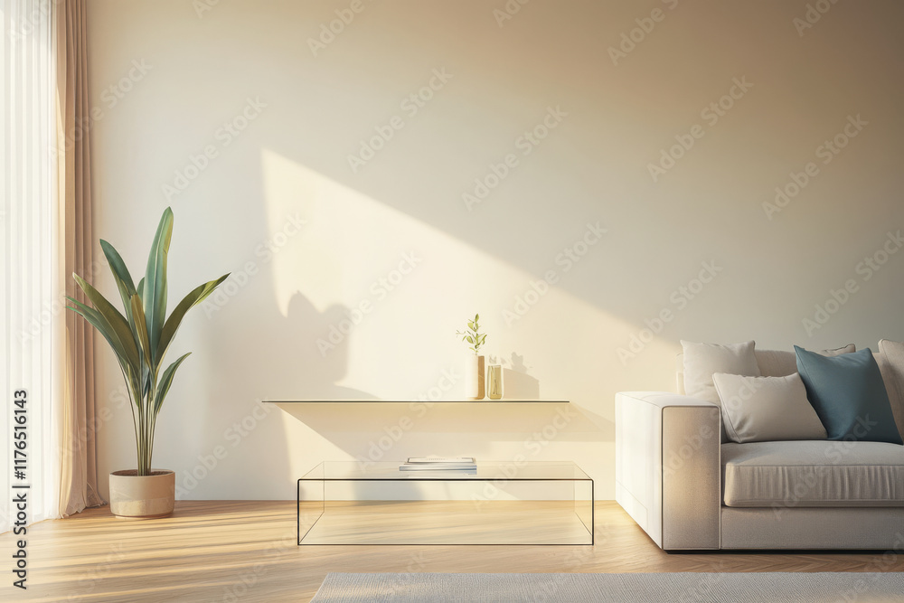 Bright and minimalistic living room with sunlight streaming through the window