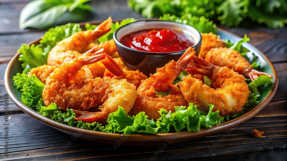 Delicious Crispy Fried Shrimp with Red Sauce and Fresh Lettuce Garnish - Stock Photo Delicious Crispy Fried Shrimp with Red Sauce and Fresh Lettuce Garnish - Stock Photo