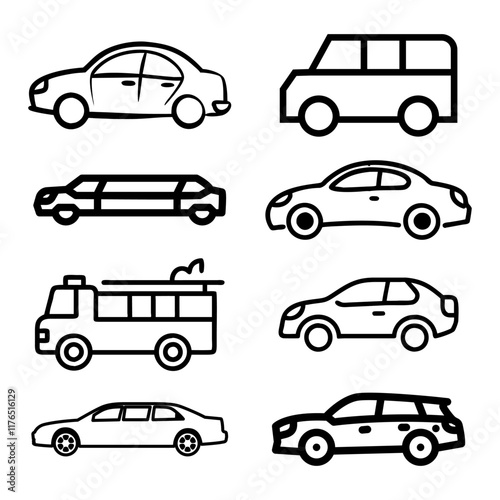 Transporttation vehicles automobile traffic of trasport car van truck black siluete side view pictograms icons outline set colletions vector flat design white background photo