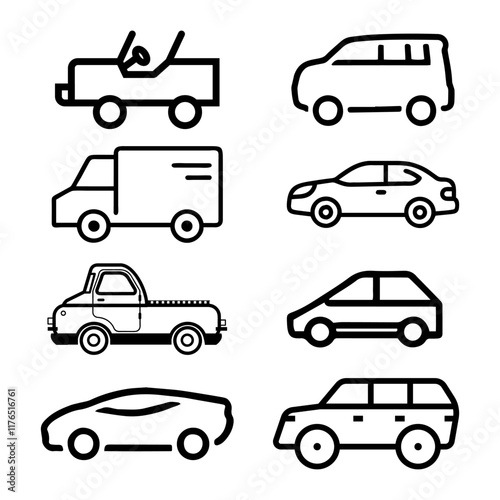 Transporttation vehicles automobile traffic of trasport car van truck black siluete side view pictograms icons outline set colletions vector flat design white background