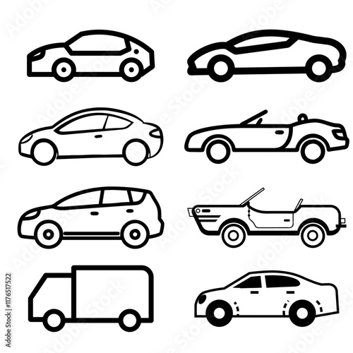 Transporttation vehicles automobile traffic of trasport car van truck black siluete side view pictograms icons outline set colletions vector flat design white background