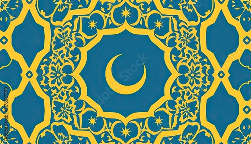 Decorative design centered around a golden crescent moon, set against a rich blue background. Surrounding the crescent moon are intricate geometric patterns and floral motifs, primarily in gold, formi photo