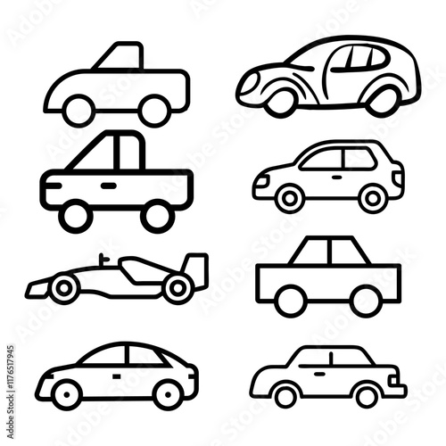 Transporttation vehicles automobile traffic of trasport car van truck black siluete side view pictograms icons outline set colletions vector flat design white background photo