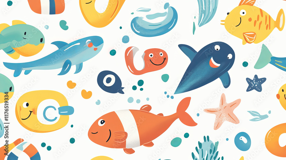 Cartoon vitamin characters on summer vacation seamless pattern. Textile background or vector print with surfing, diving and swimming A, B, C, D vitamins, nutrition supplements pills cute personages Cartoon vitamin characters on summer vacation seamless pattern. Textile background or vector print with surfing, diving and swimming A, B, C, D vitamins, nutrition supplements pills cute personages