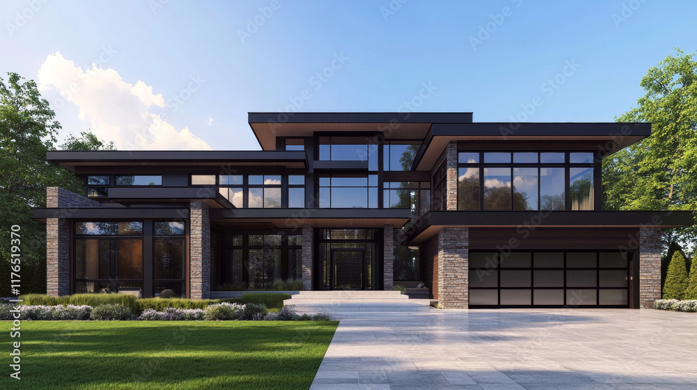 Modern luxurious house dwelling. Home exterior with big windows, terrace, flat root and garage. Villa or mansion building with contemporary design, real estate property or comfortable residence Modern luxurious house dwelling. Home exterior with big windows, terrace, flat root and garage. Villa or mansion building with contemporary design, real estate property or comfortable residence