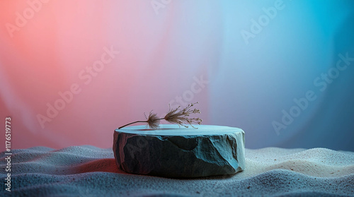 Abstract nature scene Stone podium composition and dry flower on beige brown background for cosmetic, beauty product branding, perfume, skin care and cosmetic backdrop. Copy space, front view