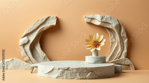 Abstract nature scene Stone podium composition and dry flower on beige brown background for cosmetic, beauty product branding, perfume, skin care and cosmetic backdrop. Copy space, front view