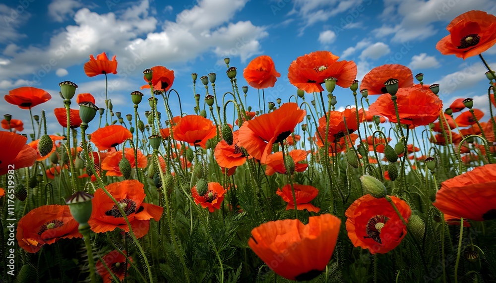 Obraz premium Dense field of vibrant red poppies under a blue sky