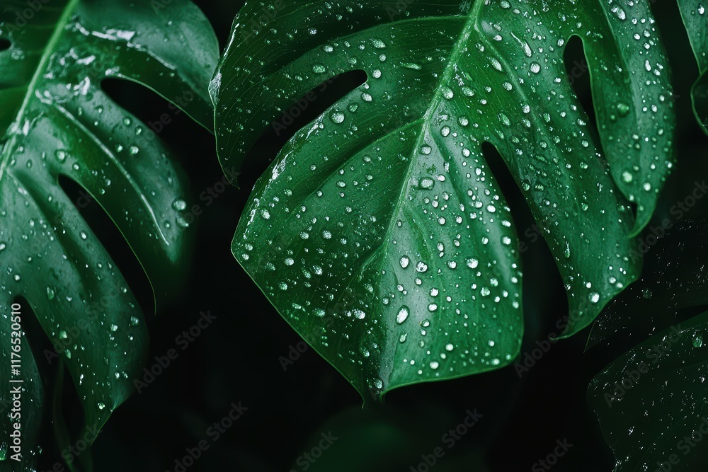Lush Green Monstera Leaves with Raindrops on Fresh Foliage Lush Green Monstera Leaves with Raindrops on Fresh Foliage