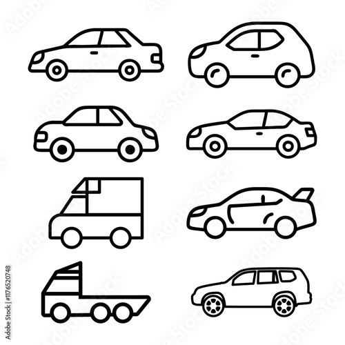 Transporttation vehicles automobile traffic of trasport car van truck black siluete side view pictograms icons outline set colletions vector flat design white background