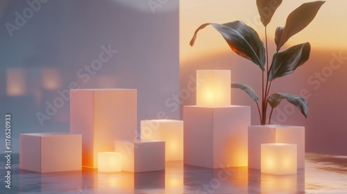 a plant is sitting on a table next to some white cubes