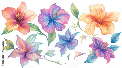 Colorful oriental flowers decorated by motifs of paisley ornament with wavy lines and openwork curlicues. Textile, lace embellishment or carpet floral pattern design usage