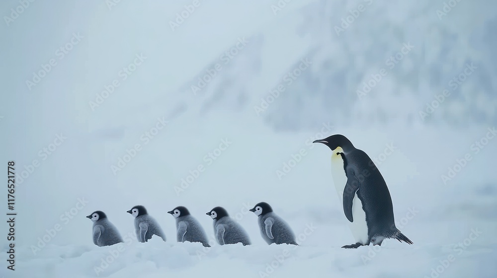 Obraz premium A parent emperor penguin leads its chicks in a snowy landscape.