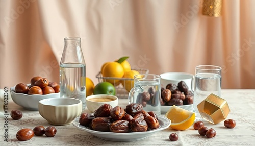 fast breaking food. Fruit, milk, dates, water, oranges photo