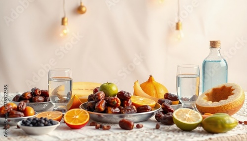 fast breaking food. Fruit, milk, dates, water, oranges photo