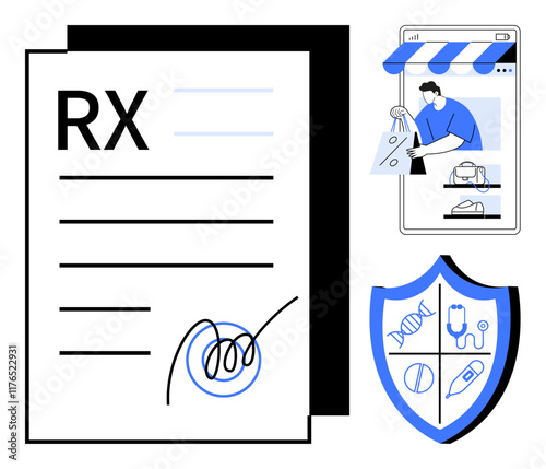 RX prescription document, doctor signing, shield with medical icons, online shopping screen. Ideal for telemedicine, eHealth, pharmacy, digital healthcare, online consultations medical security