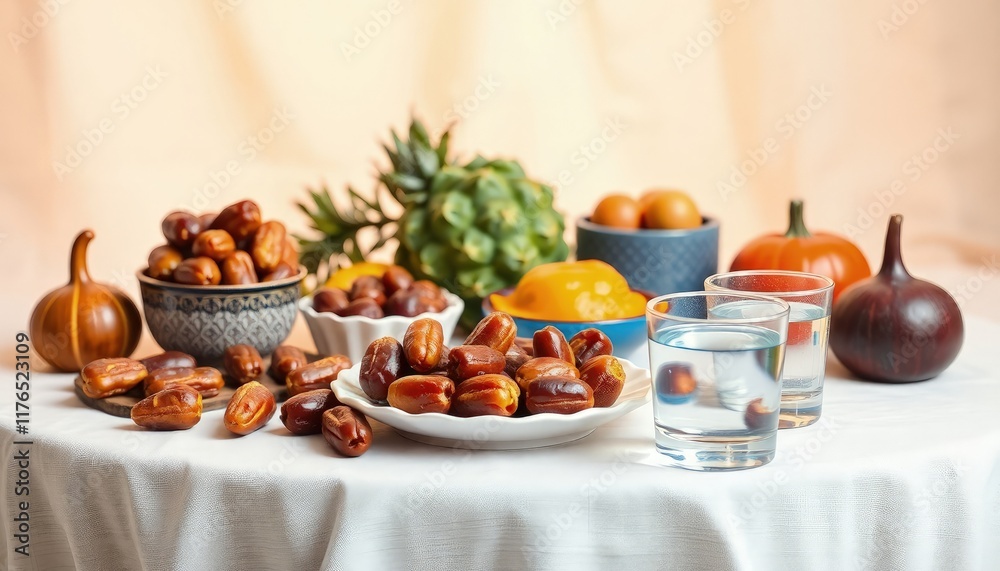 fast breaking food. Fruit, milk, dates, water, oranges fast breaking food. Fruit, milk, dates, water, oranges