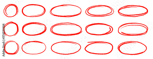 Hand drawn red highlight oval frame shape set. Doodle crayon pencil, marker brush stroke oval underline element pack. Hand drawn pencil stroke sketch marker vector illustration