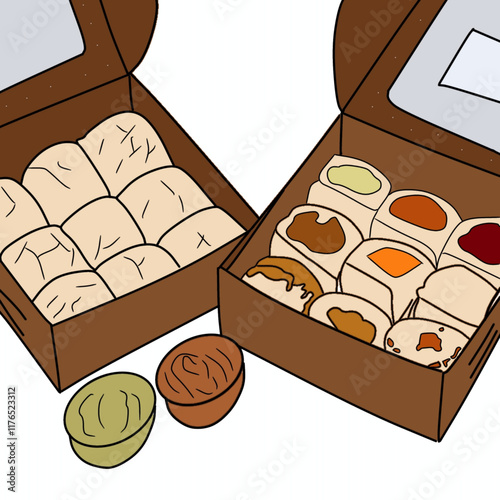 Hand drawing illustration set of cakes Box with synabons. Sweet treat. Bakery.Vector illustration