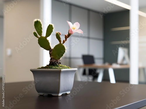 A blurred background of an empty, contemporary office space sets scene for a professional environment with clean lines and modern design. Cactus in office. Plant in office 