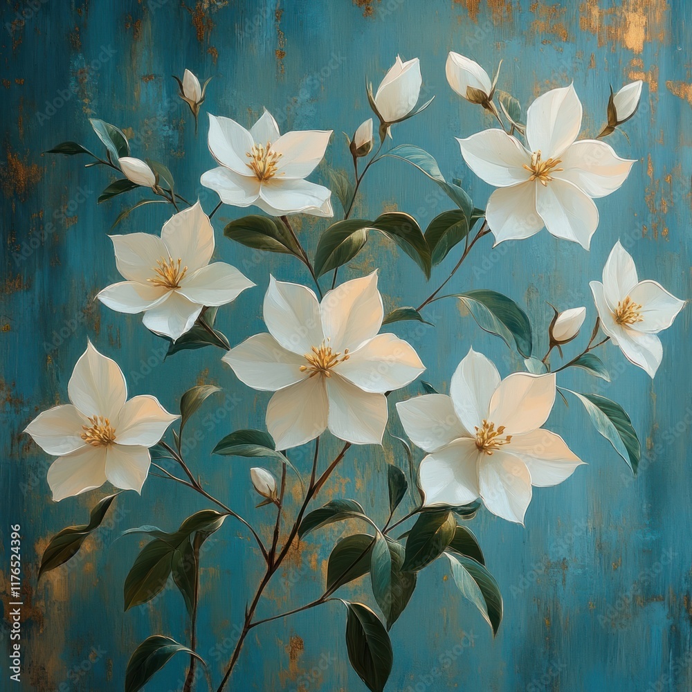 Obraz premium White blossoms, teal background, painted flowers.