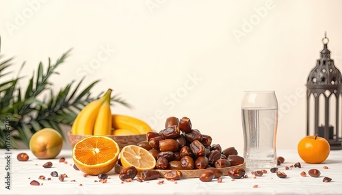 fast breaking food. Fruit, milk, dates, water, oranges

 photo