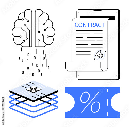 Brain with binary code, digital contract on device, stacked data layers, and percentage symbol on ticket. Ideal for AI, digital contracts, data processing, discounts, technological advancements