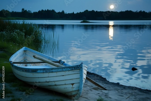 A tranquil lake scene at night, illuminated by a bright moon. A small rowboat rests at the waters edge, reflecting the serene atmosphere. Dark trees line the shore, adding to the peaceful ambiance.
