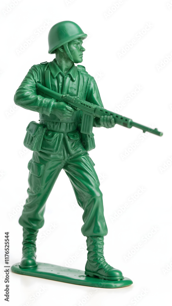 Green plastic soldier action figure standing with a rifle on a white background Green plastic soldier action figure standing with a rifle on a white background