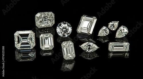 Assortment of cut diamonds on black background.