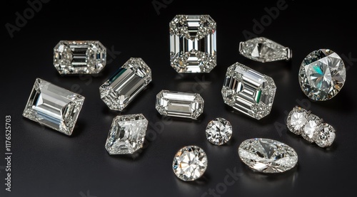 Assortment of sparkling, cut diamonds of various shapes and sizes on a black background.