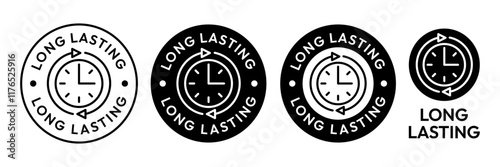 Long lasting icons set, logo, label, badge, symbol, arrow, stamp, black, line, flat vector, isolated illustration. Pharma or beauty label for product packaging design. Hourglass, time, clock icon. 