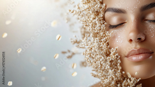 Healthy Skincare Concept Featuring Wheat Oat Extracts on a Clean Soft Background with Glowing Dewy Effect photo