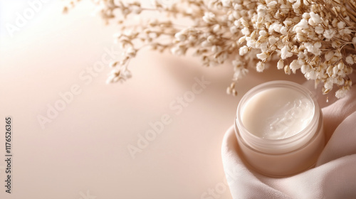 Dewy Glowing Minimalist Background with Fresh Wheat Oat Extracts and Copy Space for Beauty and Skincare Concepts