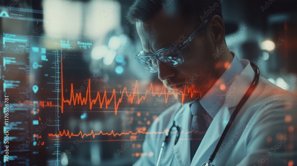 A doctor overlaid with a heart monitora??s ECG waveform and medical icons, emphasizing cardiac care. A doctor overlaid with a heart monitora??s ECG waveform and medical icons, emphasizing cardiac care.