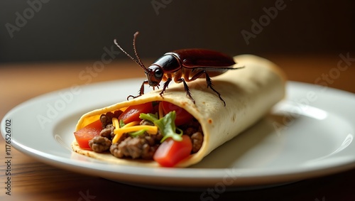 A detailed close-up of a cockroach resting on chicken burito or kebab atop a white plate, underscoring concerns about contamination, unsanitary practices, and food safety risks